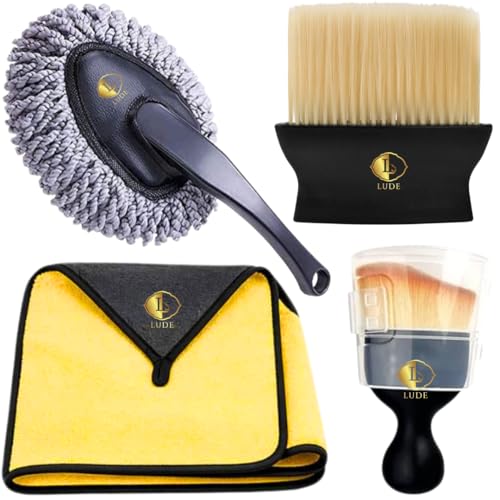 LUDE 4 PCS Car Cleaning Kit with Microfiber Duster, Scratchfree Microfiber Cloth, Car Detailing Brush & AC Vent Cleaning Brush | Interior & Exterior Car Cleaning Accessories for Cars, SUVs & Bikes