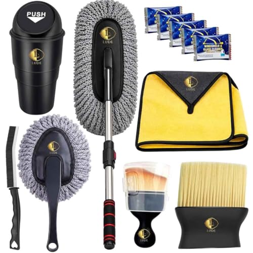 LUDE Car Cleaning Kit |Exterior Car Duster Microfiber Brush |Car Interior Cleaning Brush Set,Microfiber Cloth,Mini Car Dustbin |Free 5 Glass Cleaner Tablets|Car Cleaning Accessories 2026 Combo Set