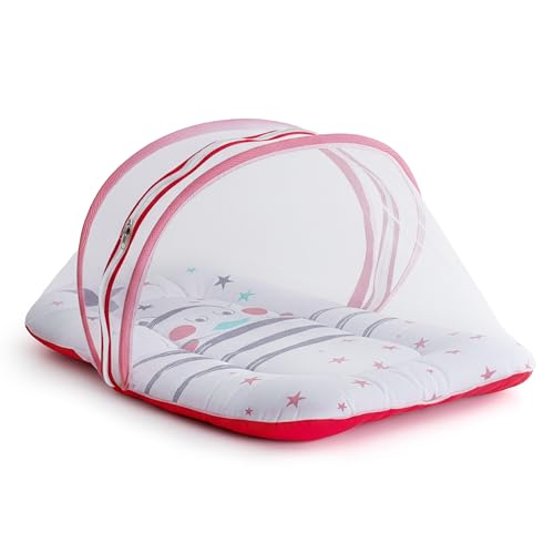 LuvLap Baby Bed with Thick Mattress, Mosquito Net with Zip Closure, Baby Bedding for new Born, 3M+, Stars Print, Baby Sleeping Bed of 78x45x40cm Size (White & Red)