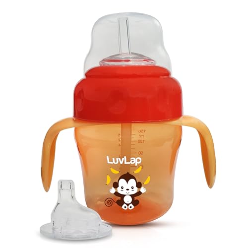 LuvLap Banana Time 150ml Anti Spill, Interchangeable Sipper/Sippy Cup with Soft Silicone Spout and Straw for Kids BPA Free, 1 Year+ (Orange)