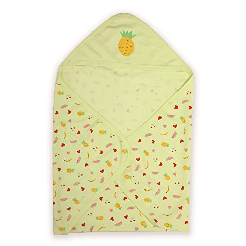 LuvLap Cotton Hooded Wrapper - Baby Towel for New Born | Big Size 75cm x 75cm | Soft, Safe & Skin-Friendly | Perfect for Newborns 0-12 Months | Lightweight & Travel Friendly, Pineapple Print - Yellow