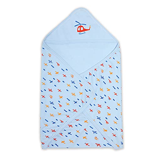 LuvLap Cotton Hooded Wrapper - Baby Towel for New Born | Big Size 75cm x 75cm | Soft, Safe & Skin-friendly | Perfect for Newborn 0-12 Months | Lightweight & Travel Friendly, Aeroplane Print - Sky Blue