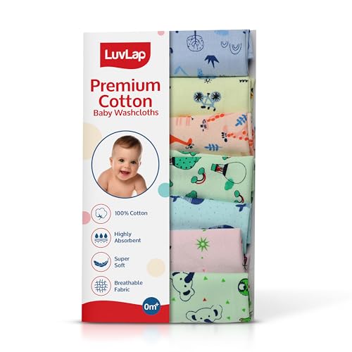 LuvLap Hosiery Cotton Cloth Premium Baby Washcloth for New Born, Washable (22 cm x 22 cm), Reusable, Absorbent, Extra Soft Face Towels/Washcloth for Babies, Giraffe Print, Pack of 7 Pcs, Multicolour