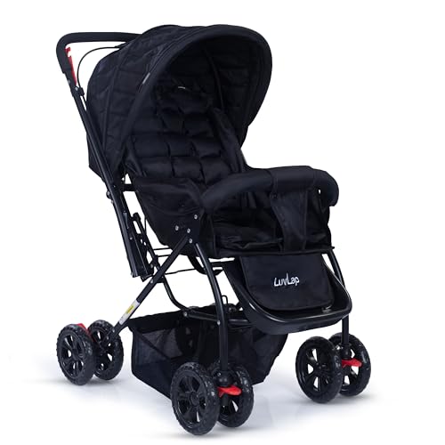 LuvLap Starshine Baby Stroller/Pram for 0 to 3 Years, New Born/Toddler/Kid, Lightweight, Adjustable backrest, 360° Swivel Wheel, Large Storage Basket, Reversible Handlebar (Black)
