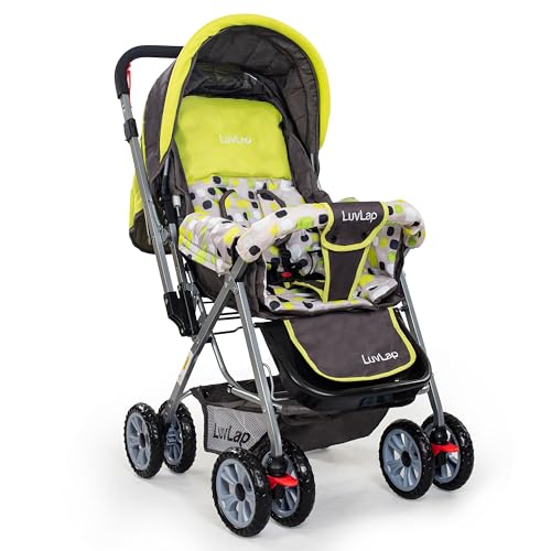 LuvLap Sunshine Baby Stroller / Pram for 0 to 3 Years, New Born / Toddler / Kid, 5 Point Safety Harness, Adjustable backrest, 360° Swivel Wheel, Large storage basket, Reversible Handlebar (Green)