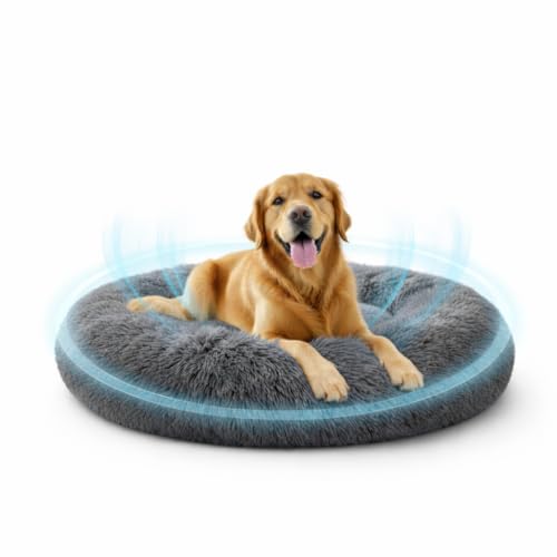 Luxury Calming Dog & Cat Bed Small Size – Ultra Soft Plush Round Pet Bed with Anti-Slip Bottom, Comfortable Washable Donut Cushion for Small Dogs & Cats (Grey)