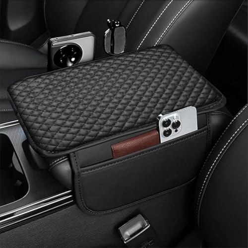 Lyrovo PU Leather Car Armrest Cushion Pad With Side Pockets, Universal Fit for All Car (Black)