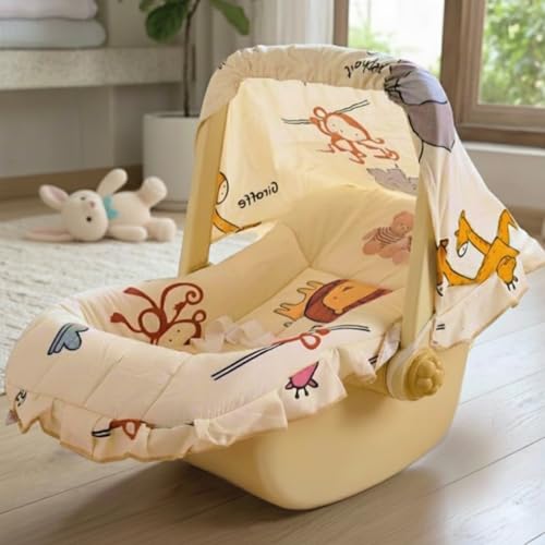 Mama Luv Mee 5 in 1 DLX Baby Carry Cot & Rocking Chair with Adjustable Handle | Large Canopy | Safety Lap Belt | Anti-Mosquito | Double Cushioned Washable Seat (Beige) (Plastic)