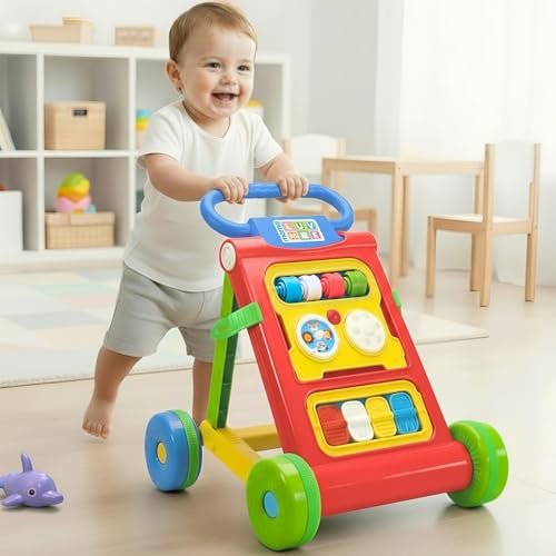 Mama Luv Mee Baby Activity Walker Learning Push Walker for Babies 6 to 18 Months, Foldable Musical Walker with Recreational Toy Bar (Red)