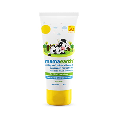 Mamaearth Milky Soft Mineral Based Sunscreen SPF 30 & PA+++ with Oats, Milk and Calendula for Babies - 80 g | Made Safe Certified | Toxin Free | Sun Protection