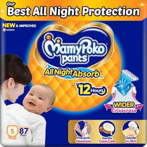 Mamypoko pants All night absorb| Pant Style Baby Diapers Small Size(S), 87 Count, Ideal for 4-8Kgs|1 Diaper= Upto All night Absorption|Wider Crisscross Sheet|Gentle Coco Care| 12hr Leakage Protection| Prevents Heaviness.