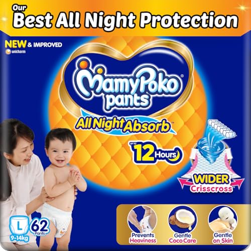 Mamypoko pants All night absorb| Pant Style Baby Diapers Large Size(L), 62 Count, Ideal for 9-14Kgs|1 Diaper= Upto All night Absorption|Wider Crisscross Sheet|Gentle Coco Care| 12hr Leakage Protection| Prevents Heaviness.