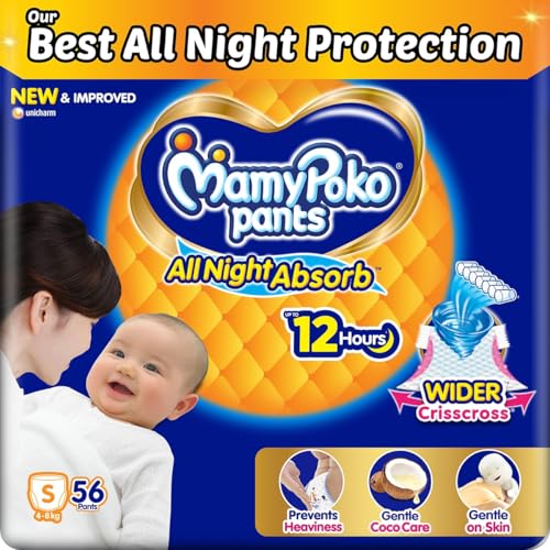 Mamypoko pants All night absorb| Pant Style Baby Diapers Small Size(S), 56 Count, Ideal for 4-8Kgs|1 Diaper= Upto All night Absorption|Wider Crisscross Sheet|Gentle Coco Care| 12hr Leakage Protection| Prevents Heaviness.
