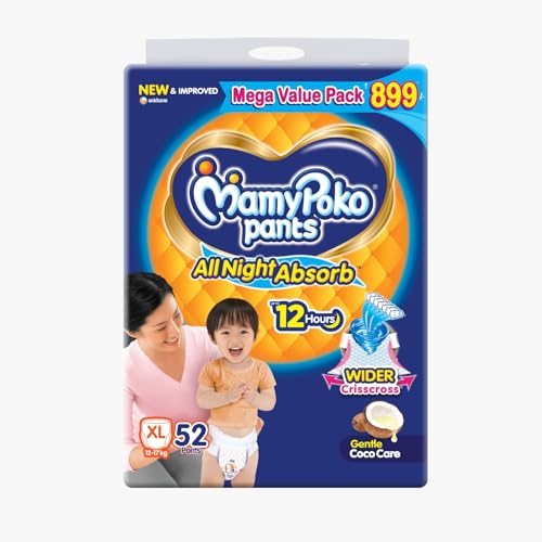 Mamypoko pants All Night AbsorbPant Style Baby Diapers Size(XL), 52 Count, Ideal for 12-17Kgs|+50% wider and repeated absorption for all night 12hr protection from leakage, prevents heaviness.