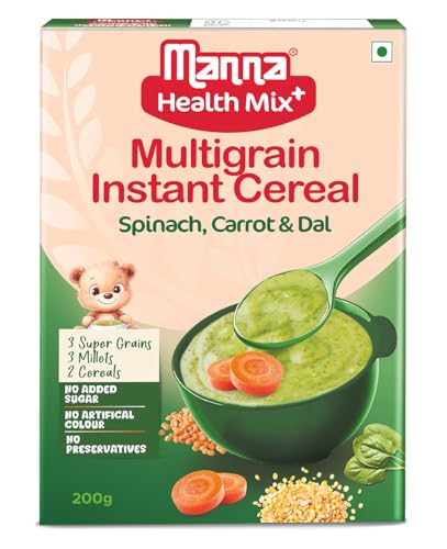 Manna Health Mix Instant Multigrain Cereal, Spinach, Carrot, Dal with Milk. Made with Real Vegetables and 8 super grains and millets. No Added Sugar, No Artificial Color, Flavors 200g
