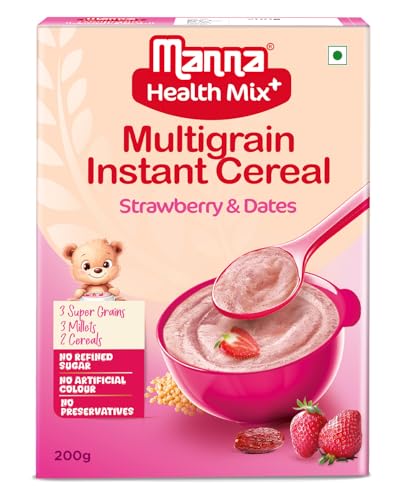 Manna Health Mix Instant Multigrain Cereal, Strawberry, Banana, Dates, with Milk. Made with Real Fruits and 7 Supergrains and Millets. No Added Sugar, No Artificial Colour, Flavours 200g