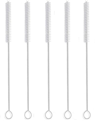 MAPPERZ 5pcs Long Straw Cleaning Brush Stainless Steel Nylon Thin Pipes Drinking Straw Cleaning Brushes/Straw Brushes with Tiny Bristles, Silver