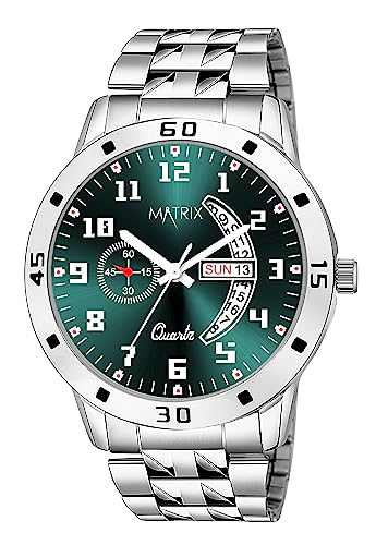 Matrix Blue, Black & Silver Dial, Day & Date Functioning, Stainless Steel Strap Analog Watch for Men & Women (Olive)