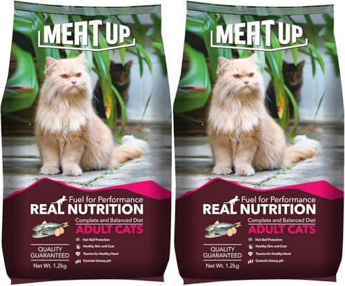 Meat Up Adult Dry Cat Food 1.2Kg + 1.2kg (Free) 2.4Kg | Seafood Flavour | Buy 1 Get 1 | Maintains Urinary pH | Hair ball protection | Healthy skin & Coat | Taurine for healthy heart