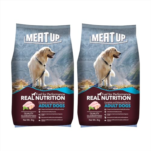 Meat Up Adult Dry Dog Food 6kg (3kg + 3kg) | Chicken Flavour | Glucosamine for Healthy Joints & Bones | Enriched with Vitamins & Minerals | Supports Digestive Health