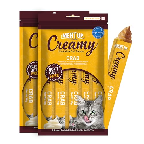 Meat Up Cat Creamy Lickable Treat 150g (15 x 5g + 75g) | Crab | All Breeds | Taurine for Heart | Supports Skin, Coat & Muscle Health