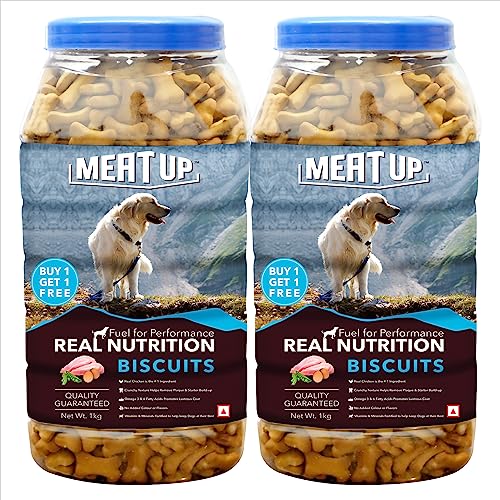Meat Up Dog Treats Biscuits 2kg (1kg + 1kg) | Mutton Flavour | Suitable for All Life Stages | Helps Remove Plaque & Tartar | Enriched with Vitamins & Minerals | Promotes Lustrous Coat