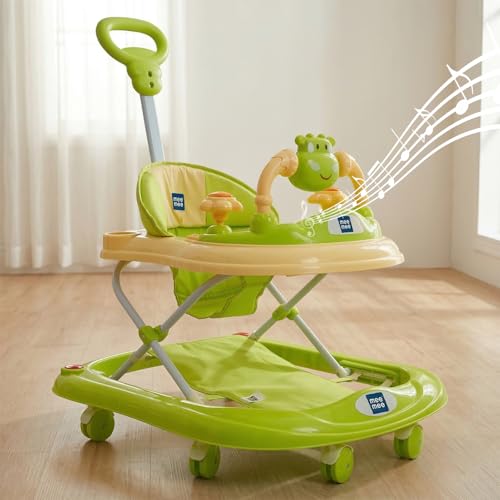 Mee Mee 360° Baby Activity Walker | 3 Level Adjustable Height, Foot Mat, Musical Detachable Toy Bar | Parental Push Handle, Anti-Rollover Folding Walker for Boys, Girls, Kids | 6-18 Months 15kg-Green