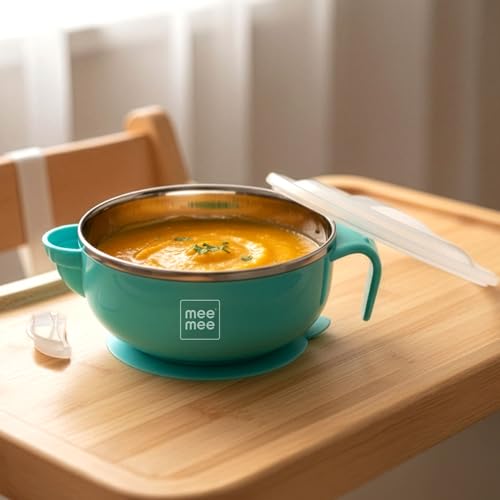 Mee Mee Air Tight Baby Feeding Bowl | BPA-Free | Stainless Steel Inner | Unbreakable | Stay Warm Bowl | Keeps Food Warm | Suction Non-Spill Bowl (Blue)