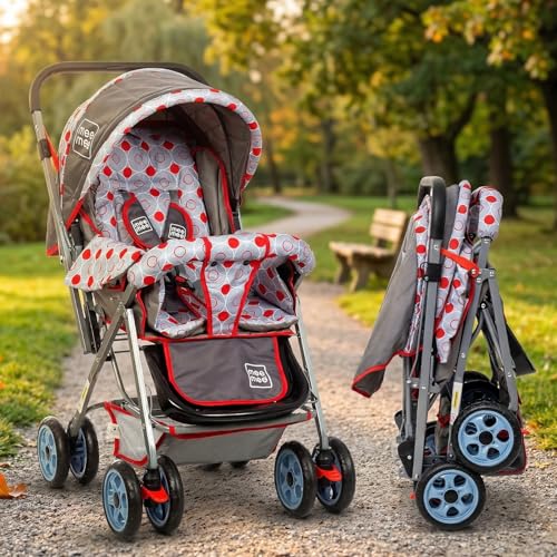 Mee Mee Little Explorer Baby Stroller/Pram for 0–3 Years | Foldable with Reversible Handle | 5-Point Safety Harness | Sun Canopy & 3-Position Recline | 360° Wheels & Large Storage Basket | Red