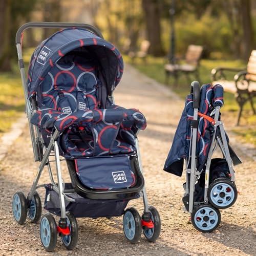 Mee Mee Little Explorer Baby Stroller/Pram for 0–3 Years | Foldable with Reversible Handle | 5-Point Safety Harness | Sun Canopy & 3-Position Recline | 360° Wheels & Large Storage Basket | Dark Blue