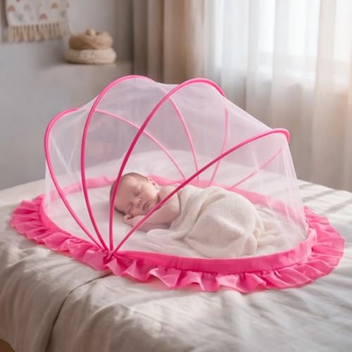 Mee Mee Premium Baby Mosquito Net | Foldable & Lightweight Portable Design | Breathable Mesh with Clear Visibility | Secure Zip Closure | Durable Frame | Fits Baby Cradle & Mattress