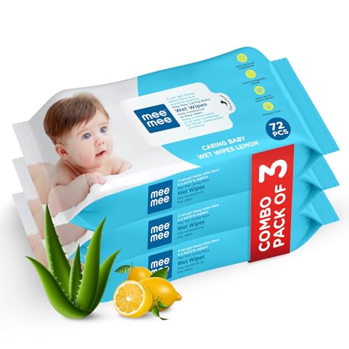 Mee Mee Wet Wipes for Baby Skin with lemon & Aloe Vera | 72 Wipes x Pack of 3-216 Wipes | Paraben Free, Fragrance Free, pH Balanced, Dermatologically Safe, Baby Wipes Combo
