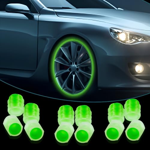 MeeTo Tire Valve Stem Caps Universal for Car, Bikes, Trucks, Luminous Fluorescent Glow in The Dark Air Cover, Tire Pressure Radium Caps, Modification & Decoration Accessories, Green Color, (Pack Of 8)