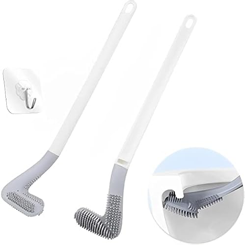 MeeTo Toilet Cleaning Golf Brush 360°, Flexible Bendable Silicone Toilet Bowl Deep Cleaning Brush with Long Handle and Self Adhesive Wall Hook, for Bathroom Dead Corners, Random Color, Pack of 2