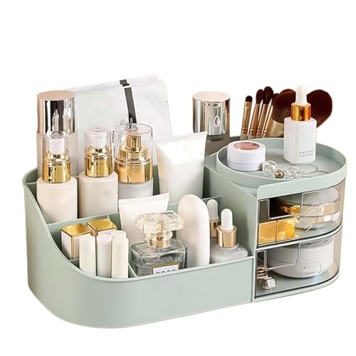 MEGHARSH Makeup Desk Cosmetic Storage Box Organizer with Drawers for Dressing Table,Bathroom Counter, Elegant Vanity Holder for Brushes, Eyeshadow, Lotions, Lipstick (Pista)