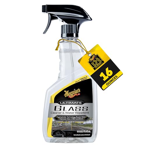 Meguiar's Ultimate Car Glass Cleaner & Water Repellent (473 ML), forms strong water repellent layer, pleasant fragrance, High Rain visibility, excellent water beading, long lasting glass protection