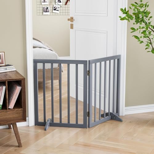 MENIFY | Wooden Freestanding Foldable Pet Gate for Dogs, Over Fence, Dog Partition for Your pet and Baby Protection (2-Panel (Grey))