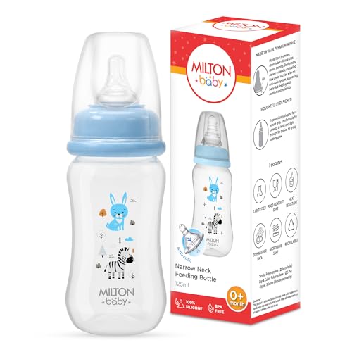 Milton Baby Narrow Neck Feeding Bottle 125 ml I Anti-Colic Design Silicone Nipple I ISI Certified I BPA Free I Supports Baby Led Feeding I Includes Leakproof Cap I Sterilizer Safe I 0+ Months I Sky Blue