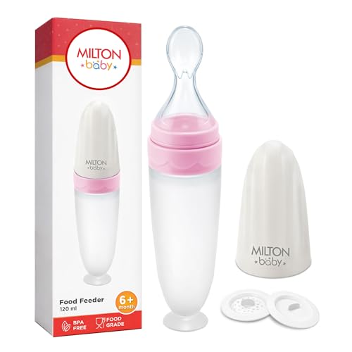 Milton Baby Silicone Spoon Food Feeder I BPA Free-Food Grade I Anti-Spill Suction Base I Removable Strainer - Spill Proof Cap I Travel Friendly I for Cerelac, Puree and Semi Liquid Food I Light Pink
