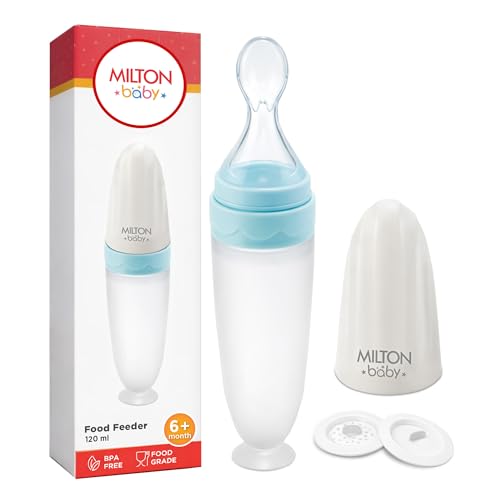 Milton Baby Silicone Spoon Food Feeder I BPA Free-Food Grade I Anti-Spill Suction Base I Removable Strainer - Spill Proof Cap I Travel Friendly I for Cerelac, Puree and Semi Liquid Food I Sky Blue