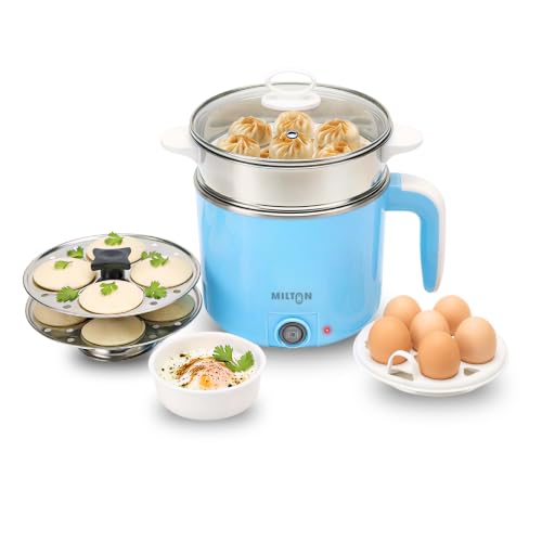 Milton Electric Kettle Multipurpose 1.2L | 600W Multi Cooker Kessel | 4-in-1 with Idli Stand (2 Plates), Steamer With Stainless Steel Stand, Egg Boiler | 1 Year Warranty