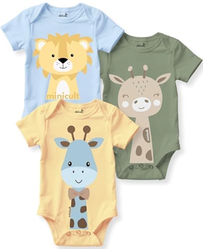 minicult Premium Baby Onesies Bodysuit – Pack of 3 | 200 GSM Cotton | Snap Button Closure | Unisex Newborn Bodysuit Set with Animal Prints | Soft & Breathable(LION)(0-3 Months)