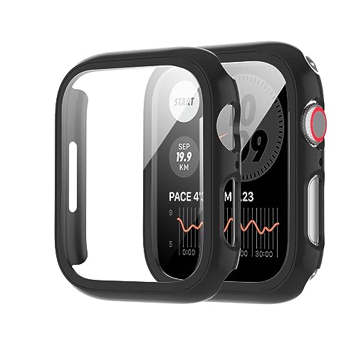 Mkoaceer 2 Pack Case for Apple Watch Series 8 Seires 7 45mm, with 9H Built in Tempered Glass Screen Protector Lightweight Hard PC Face Cover for iwatch Series 8 Seires 7 Black