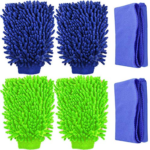 MoneySo 4 Pack Car Wash Mitts, Waterproof Microfiber Scratch Free, High Density, Ultra-Soft Washing Gloves,Use Wet or Dry, with 2 Cleaning Clothes