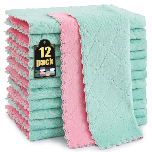 Mordimy 12 Pack Soft and Absorbent Kitchen Cloths, Green & Pink