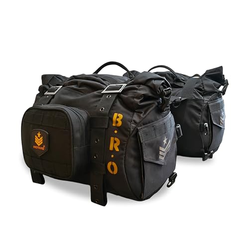 MOTARD B.R.O Motorcycle Saddle Bag 60L (30L+30L) | Waterproof Roll-Top Touring Saddle Bags | Military Style Heavy Duty Luggage for Retro, Cruiser & Adventure Bikes (Black)