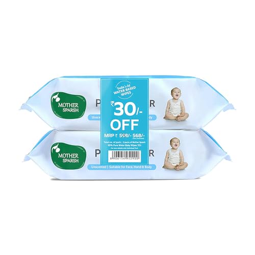 Mother Sparsh 99% Pure Water (Unscented) Baby Wipes with Lid I Natural Plant made cloth - Super thick Wet Wipes I 72 pcs/pack - Pack of 2 (Super Saver Pack)