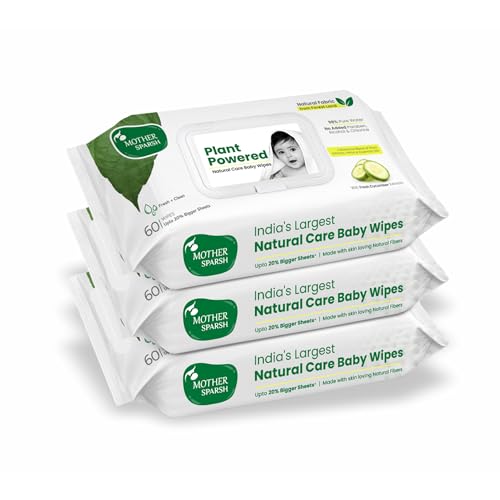 Mother Sparsh Natural Care Water Baby Wipes with Lid | 100% Plant Made Fabric From Forest Land | Fresh+Cleanse (with Cucumber) Plant Powered Wet Wipes For Baby I Cotton Cloth Like Bigger Sheets | 60 Pcs (Pack of 3)