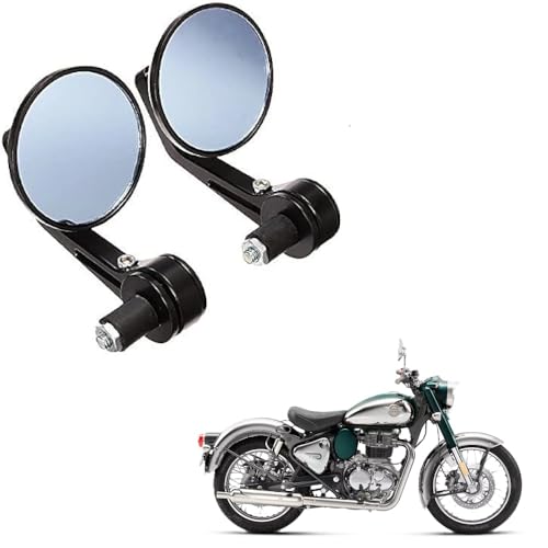 Motorcycle Bar End Side Mirrors ? Round Rear View Mirrors for Royal Enfield Classic 350 & Other Bikes (Set of 2)
