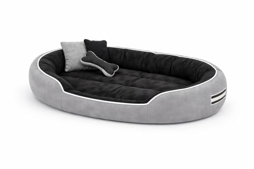 MUDDY PAWS Premium Reversible Oval Dog Bed – Large – Washable Anti-Skid Pet Bed with Toy Pillows, Soft Polyester Dog Cushion – Grey & Black (68L x 53W x 22H Cm)